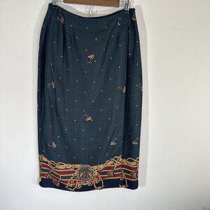VTG Charter Club Green Houndstooth Faux Wrap Midi Skirt Equestrian Horses 14 P